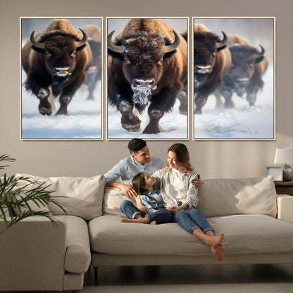 80512-MGV-FC-60X30-3P_Natural-Bison Herd Wall Art – Buffalo Running in Snow Canvas Print, Rustic Wildlife Photography Decor for Cabin, Lodge, or Living Room