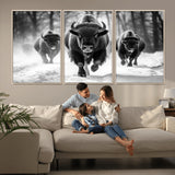 97552-MGV-CV-36X24-Black and White Bison Wall Art – Buffalo Herd Running in Snow Canvas Print, Rustic Wildlife Photography Decor for Cabin, Lodge, or