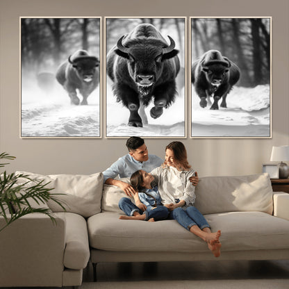 97552-MGV-FC-60X30-3P_Natural-Black and White Bison Wall Art – Buffalo Herd Running in Snow Canvas Print, Rustic Wildlife Photography Decor for Cabin, Lodge, or