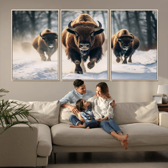 56549-MGV-FC-60X30-3P_Natural-Wild Bison Wall Art – Majestic Buffalo Herd Running in Snow Canvas Print, Rustic Wildlife Photography Decor for Cabin, Lodge, or