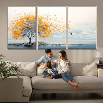 23385-MGV-CV-36X24-Golden Butterfly Tree Wall Art – Abstract Yellow and Gray Canvas Print, Modern Nature Artwork for Living Room, Bedroom or Office