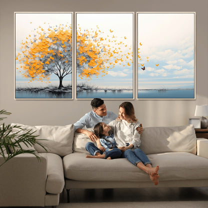 23385-MGV-CV-36X24-Golden Butterfly Tree Wall Art – Abstract Yellow and Gray Canvas Print, Modern Nature Artwork for Living Room, Bedroom or Office