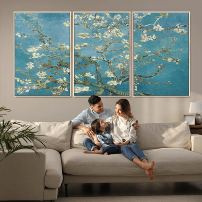65607-MGV-FC-60X30-3P_Natural-Almond Blossom Wall Art – Van Gogh Blue Floral Canvas Print, Elegant Impressionist Painting Decor for Living Room, Bedroom or