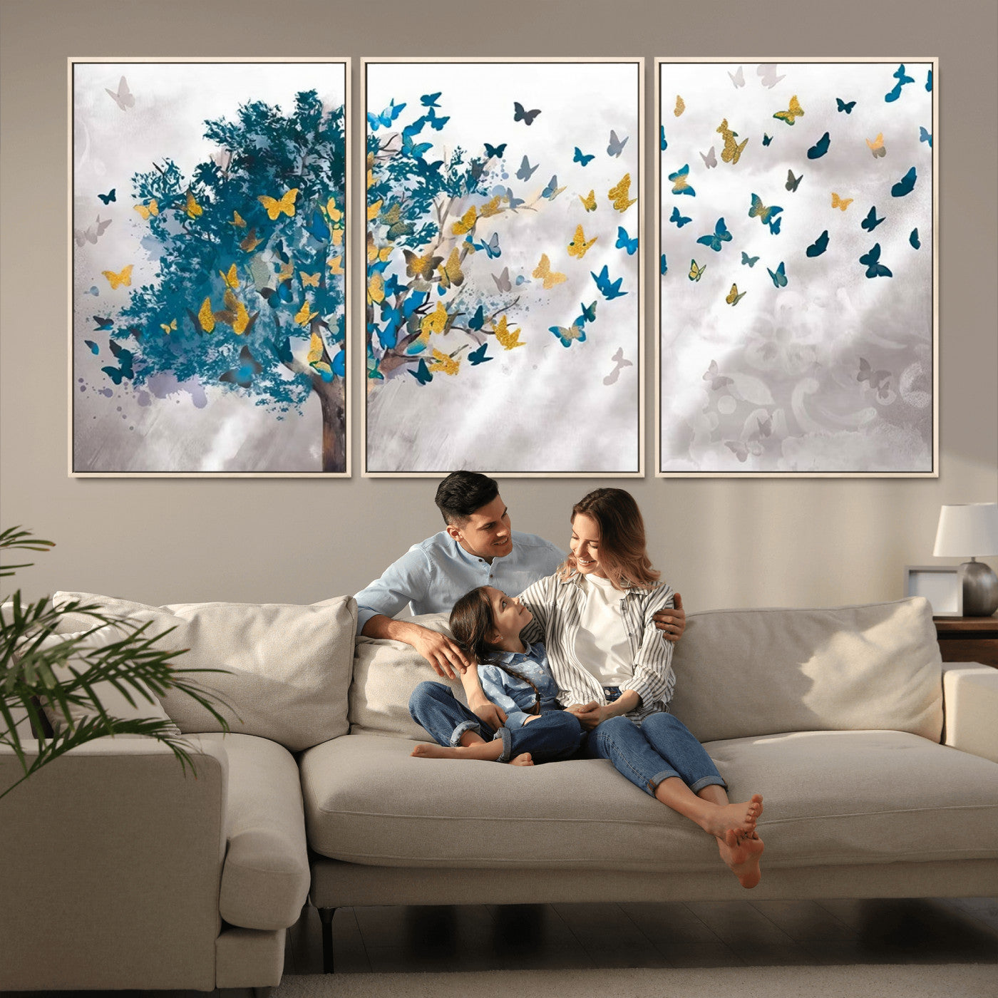 37564-MGV-CV-36X24-Butterfly Tree Wall Art – Modern Nature Canvas Print with Blue and Golden Butterflies, Elegant Decorative Painting for Living Room