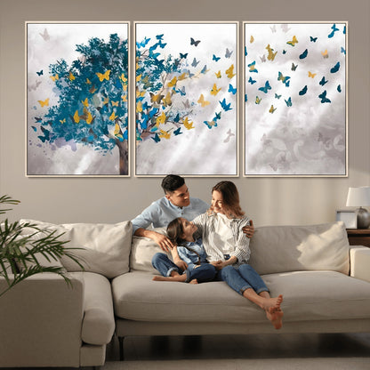37564-MGV-CV-36X24-Butterfly Tree Wall Art – Modern Nature Canvas Print with Blue and Golden Butterflies, Elegant Decorative Painting for Living Room