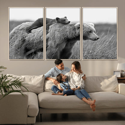 76338-MGV-CV-36X24-Mother Bear and Cub Wall Art – Black and White Wildlife Canvas Print, Rustic Nature Photography for Cabin, Living Room or Office