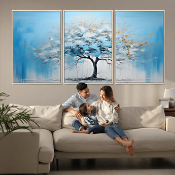 25021-MGV-CV-36X24-Abstract Tree Wall Art – Blue and White Canvas Painting with Gold Accents, Modern Nature-Inspired Artwork for Living Room, Bedroom