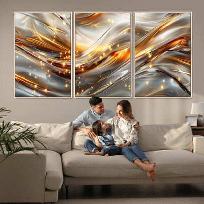 Lines1-MGV-CV-36X24-Abstract Metallic Wall Art – Silver and Gold Wave Canvas Print with Sparkling Accents, Modern Luxury Decor for Living Room, Office