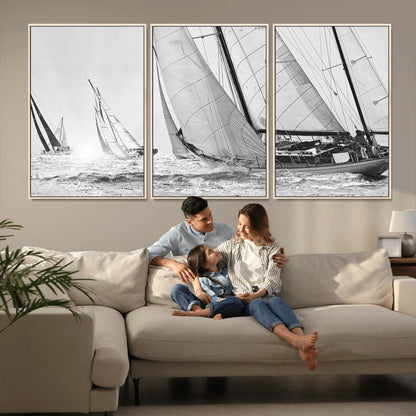 Boat-1-MGV-CV-36X24-Sailboat Racing Wall Art – Nautical Black and White Canvas Print, Ocean Adventure Decor for Office, Living Room or Bedroom