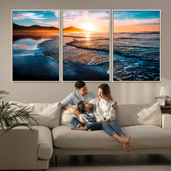 26494-MGV-CV-36X24-Ocean Sunset Wall Art – Scenic Beach Canvas Print with Waves and Mountains, Coastal Seascape Photography for Living Room, Bedroom