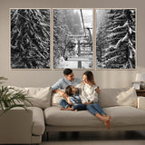 19240-MGV-CV-36X24-Ski Lift Wall Art – Black and White Winter Mountain Canvas Print, Snowy Forest Ski Resort Photography for Cabin, Lodge, Office or