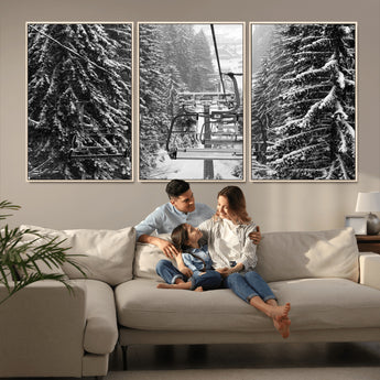 19240-MGV-CV-36X24-Ski Lift Wall Art – Black and White Winter Mountain Canvas Print, Snowy Forest Ski Resort Photography for Cabin, Lodge, Office or