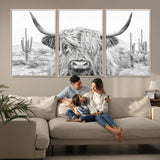 94579-MGV-CV-36X24-Highland Cow Wall Art – Black and White Longhorn Canvas Print, Rustic Western Farmhouse Animal Photography for Living Room,