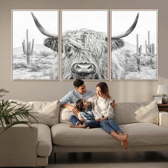 94579-MGV-CV-36X24-Highland Cow Wall Art – Black and White Longhorn Canvas Print, Rustic Western Farmhouse Animal Photography for Living Room,