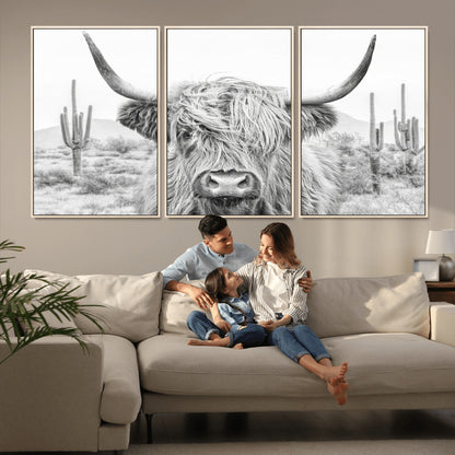94579-MGV-CV-36X24-Highland Cow Wall Art – Black and White Longhorn Canvas Print, Rustic Western Farmhouse Animal Photography for Living Room,