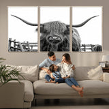 58188-MGV-CV-36X24-Highland Cow Wall Art – Black and White Rustic Farmhouse Canvas Print, Longhorn Cattle Photography Decor for Living Room or