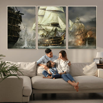 26512-MGV-CV-36X24-Naval Battle Wall Art – Dramatic Tall Ship Canvas Print, Historic Pirate Sailing War Scene, Nautical Decor for Office, Study or