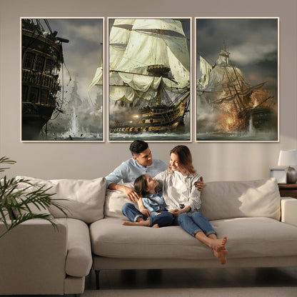 26512-MGV-CV-36X24-Naval Battle Wall Art – Dramatic Tall Ship Canvas Print, Historic Pirate Sailing War Scene, Nautical Decor for Office, Study or