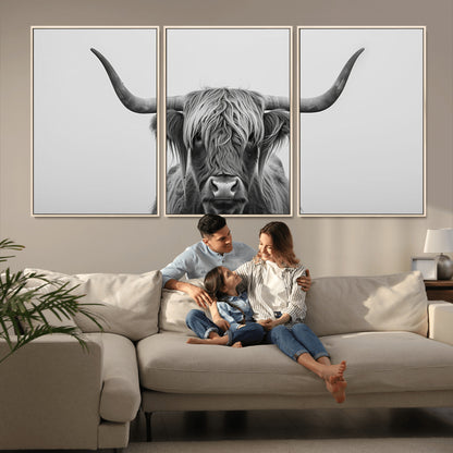 35820-MGV-CV-36X24-Minimalist Highland Cow Wall Art – Black and White Longhorn Cattle Canvas Print, Modern Farmhouse Animal Photography Decor for