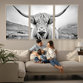 80564-MGV-CV-36X24-Highland Cow Wall Art – Black and White Scottish Highland Canvas Print, Rustic Farmhouse Decor for Living Room, Bedroom or Office