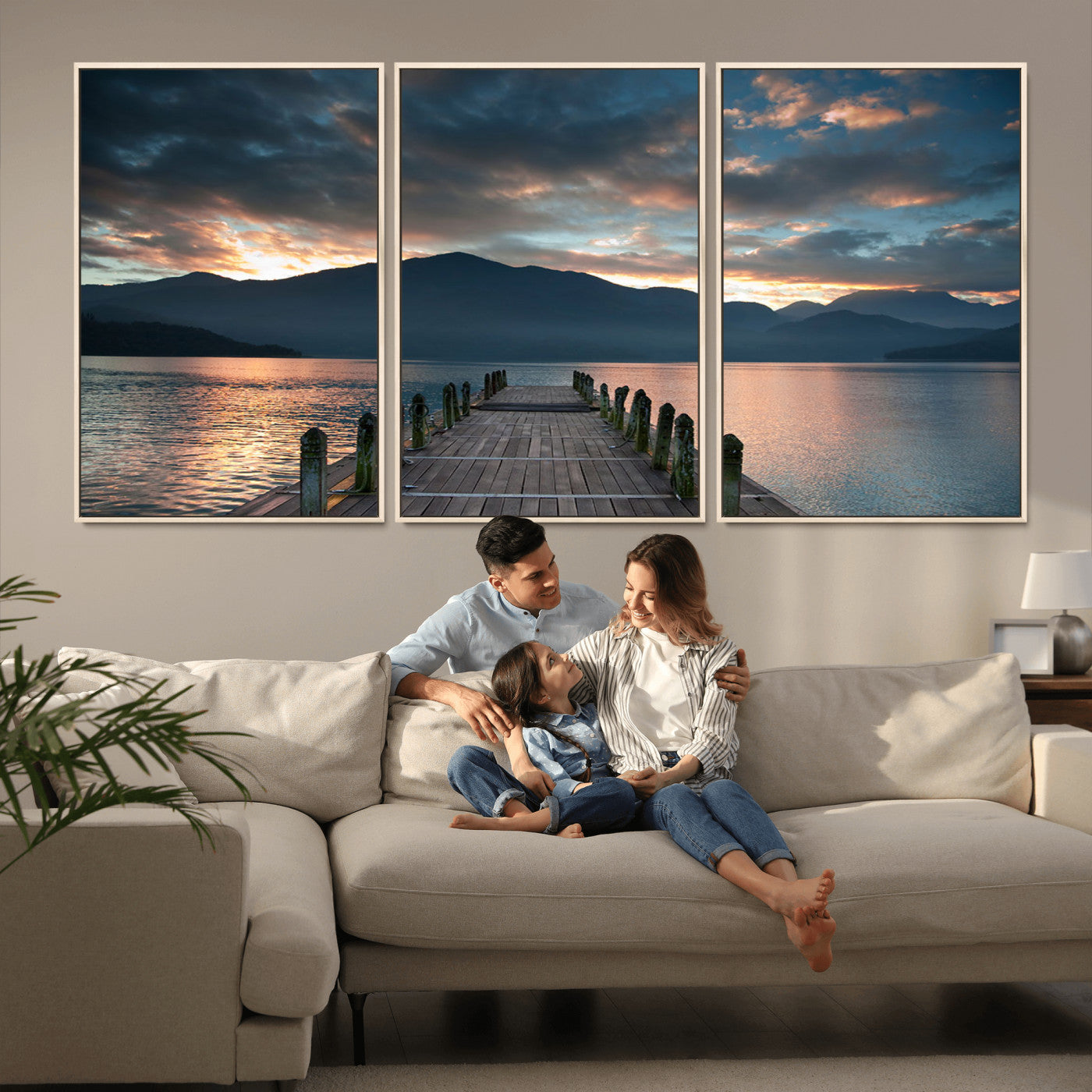 20442-MGV-FC-60X30-3P_Natural-Lakeside Sunset Dock Wall Art – Peaceful Mountain Lake Canvas Print, Serene Nature Landscape Decor for Living Room, Bedroom or