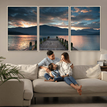 20442-MGV-FC-60X30-3P_Natural-Lakeside Sunset Dock Wall Art – Peaceful Mountain Lake Canvas Print, Serene Nature Landscape Decor for Living Room, Bedroom or