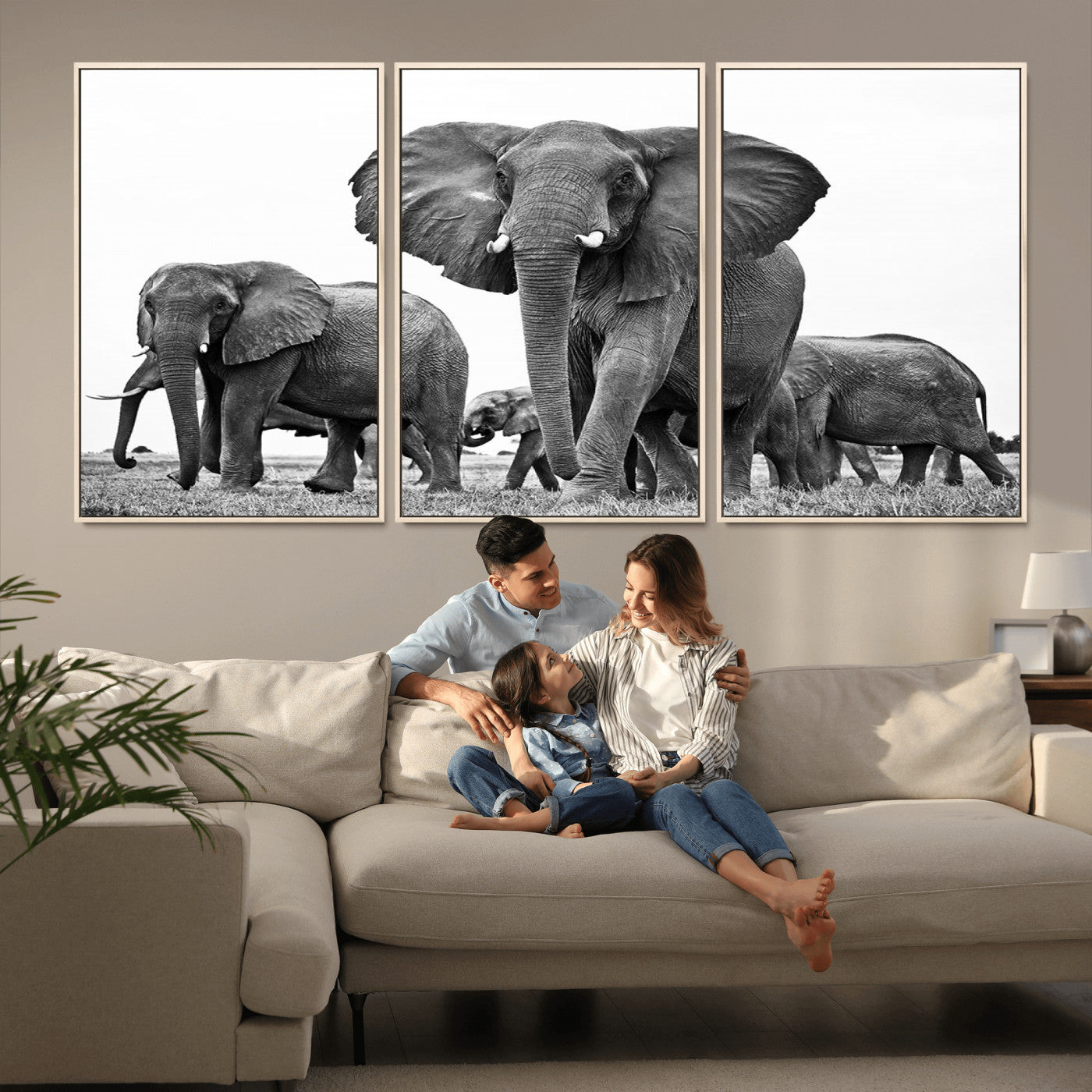 91685-MGV-CV-36X24-Elephant Herd Wall Art – Black and White Safari Canvas Print, African Wildlife Photography Decor for Living Room, Office or