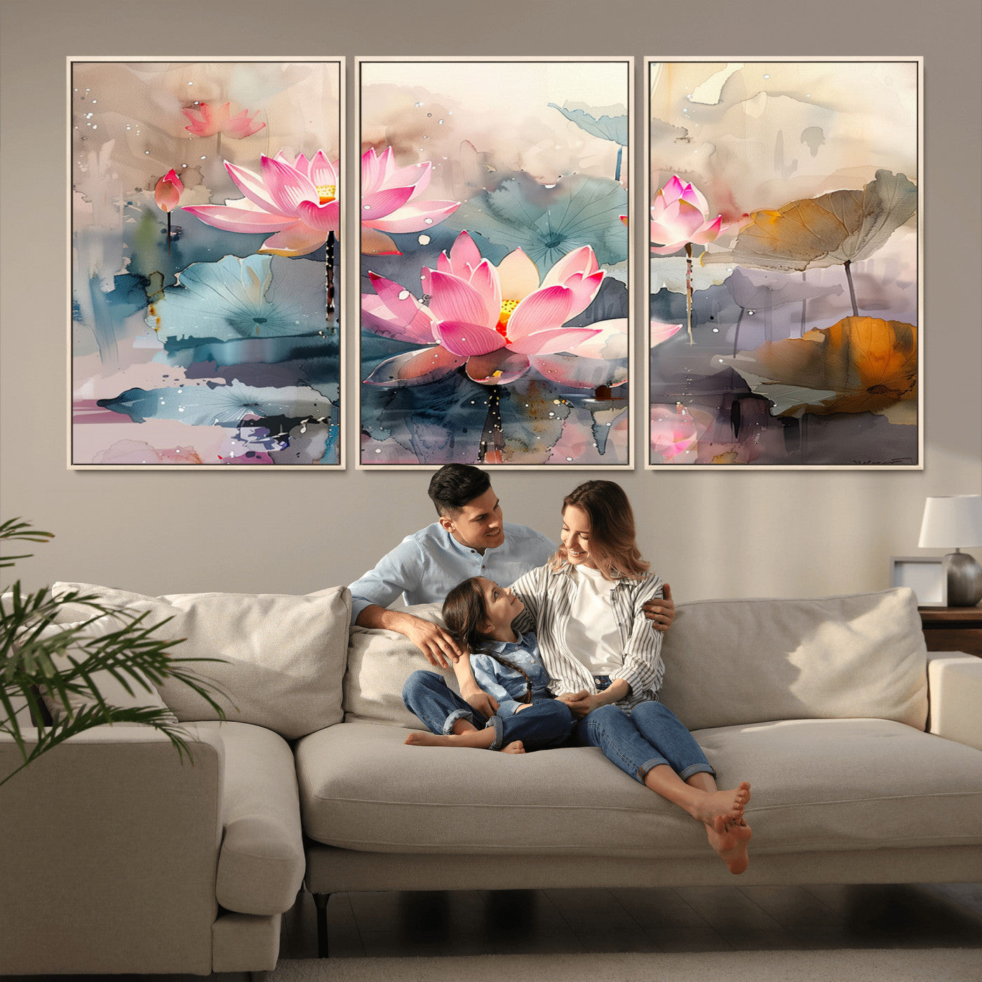 27936-MGV-CV-36X24-Lotus Pond Wall Art – Watercolor Pink Lotus Flowers Canvas Print, Tranquil Botanical Artwork for Bedroom, Living Room or