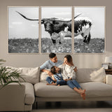 94709-MGV-CV-36X24-Texas Longhorn Wall Art – Black and White Bull Photography Canvas Print, Western Farmhouse Wall Decor for Living Room, Office or