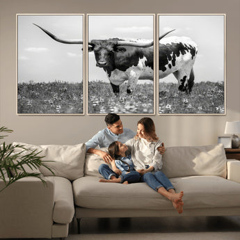 94709-MGV-CV-36X24-Texas Longhorn Wall Art – Black and White Bull Photography Canvas Print, Western Farmhouse Wall Decor for Living Room, Office or