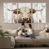 71551-MGV-FC-60X30-3P_Natural-Longhorn Bull Wall Art – Rustic Western Cow Canvas Print, Farmhouse Animal Painting with Wood Plank Style for Living Room, Office