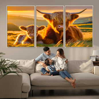20567-MGV-CV-36X24-Highland Cow and Calf Wall Art – Rustic Farmhouse Sunset Cattle Canvas Print, Country Animal Artwork for Living Room, Bedroom, or