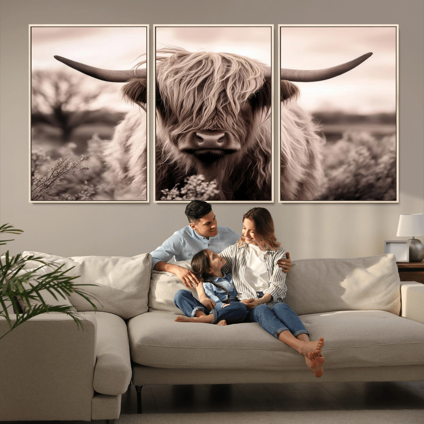 55903-MGV-CV-36X24-Highland Cow Wall Art – Rustic Sepia Scottish Highland Bull Canvas Print, Farmhouse Country Animal Decor for Living Room, Bedroom
