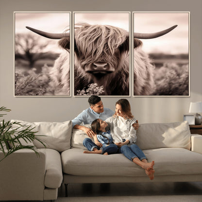 55903-MGV-CV-36X24-Highland Cow Wall Art – Rustic Sepia Scottish Highland Bull Canvas Print, Farmhouse Country Animal Decor for Living Room, Bedroom