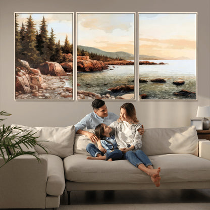 77145-MGV-FC-60X30-3P_Natural-Coastal Landscape Wall Art – Panoramic Rocky Shoreline and Pine Trees Canvas Print, Rustic Nature Decor for Cabin, Lodge, Office,