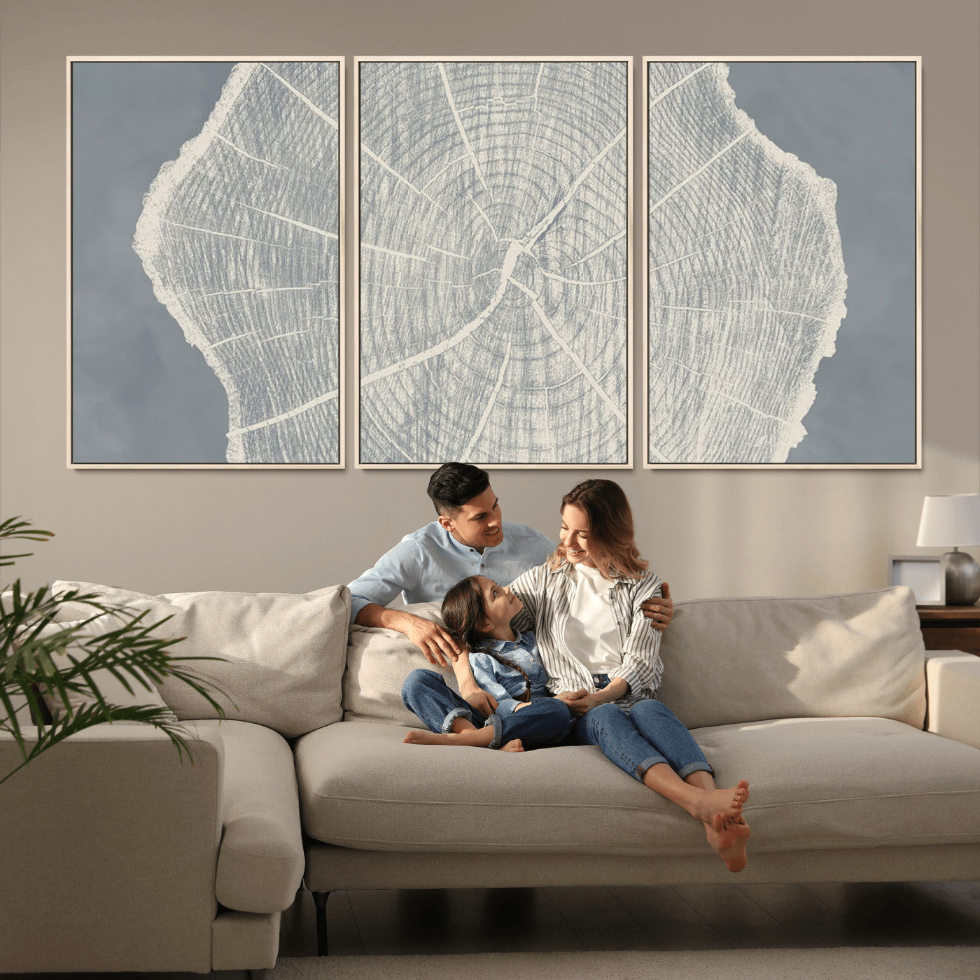 25547-MGV-FC-60X30-3P_Natural-Tree Ring Wall Art Canvas Print, Framed Linocut Tree Ring Art Picture Print, Wood Texture Perfect Minimalist Farmhouse Decor