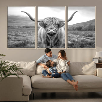 52903-MGV-FC-60X30-3P_Natural-Highland Cow Wall Art – Black and White Canvas Print Rustic Cattle Portrait, Farmhouse Country Decor for Living Room, Office,