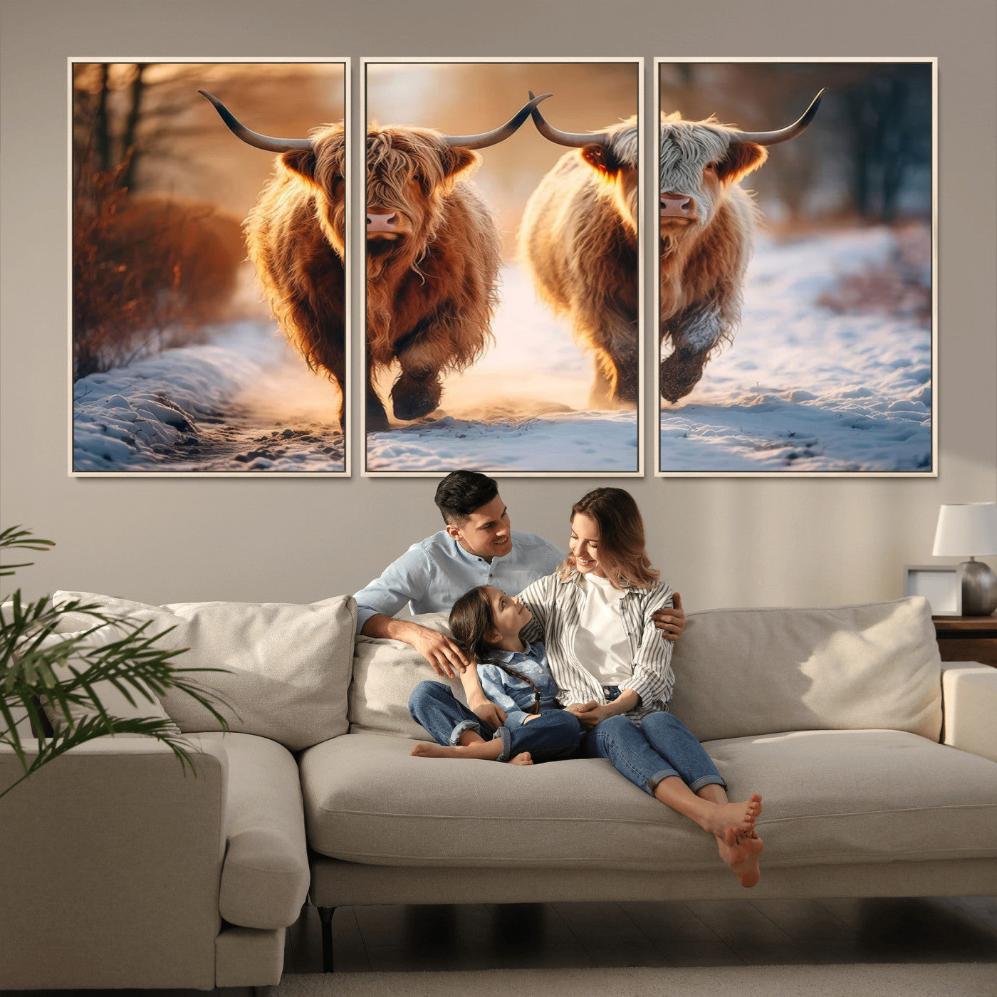 94810-MGV-CV-36X24-Highland Cow Wall Art – Rustic Canvas Print Two Cattle Snow Path Sunset, Farmhouse Country Decor for Living Room, Bedroom, Office,