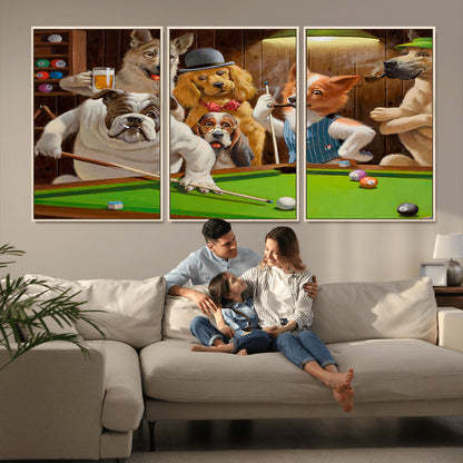 34228-MGV-CV-36X24-Dogs Playing Pool Wall Art Canvas Print, Framed Funny Dog Art Picture Print, Dog Perfect Game Room Decor Artwork