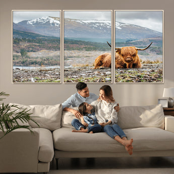 80252-MGV-FC-60X30-3P_Natural-Scottish Cow Wall Art Canvas Print, Framed Highland Cow Art Picture Print, Highland Cattle Perfect Rustic Farmhouse Decor Artwork