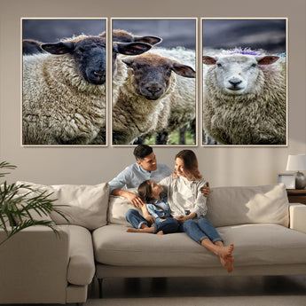 18418-MGV-FC-60X30-3P_Natural-Sheep Wall Art Canvas Print, Framed Farmhouse Sheep Art Picture Print, Sheep Herd Perfect Rustic Farmhouse Decor Artwork