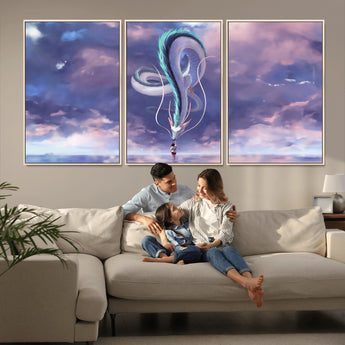 66864-MGV-FC-60X30-3P_Natural-Fantasy Dragon Wall Art – Mystical Canvas Print Girl and Sky Serpent Dreamlike Clouds, Magical Anime Inspired Decor for Living
