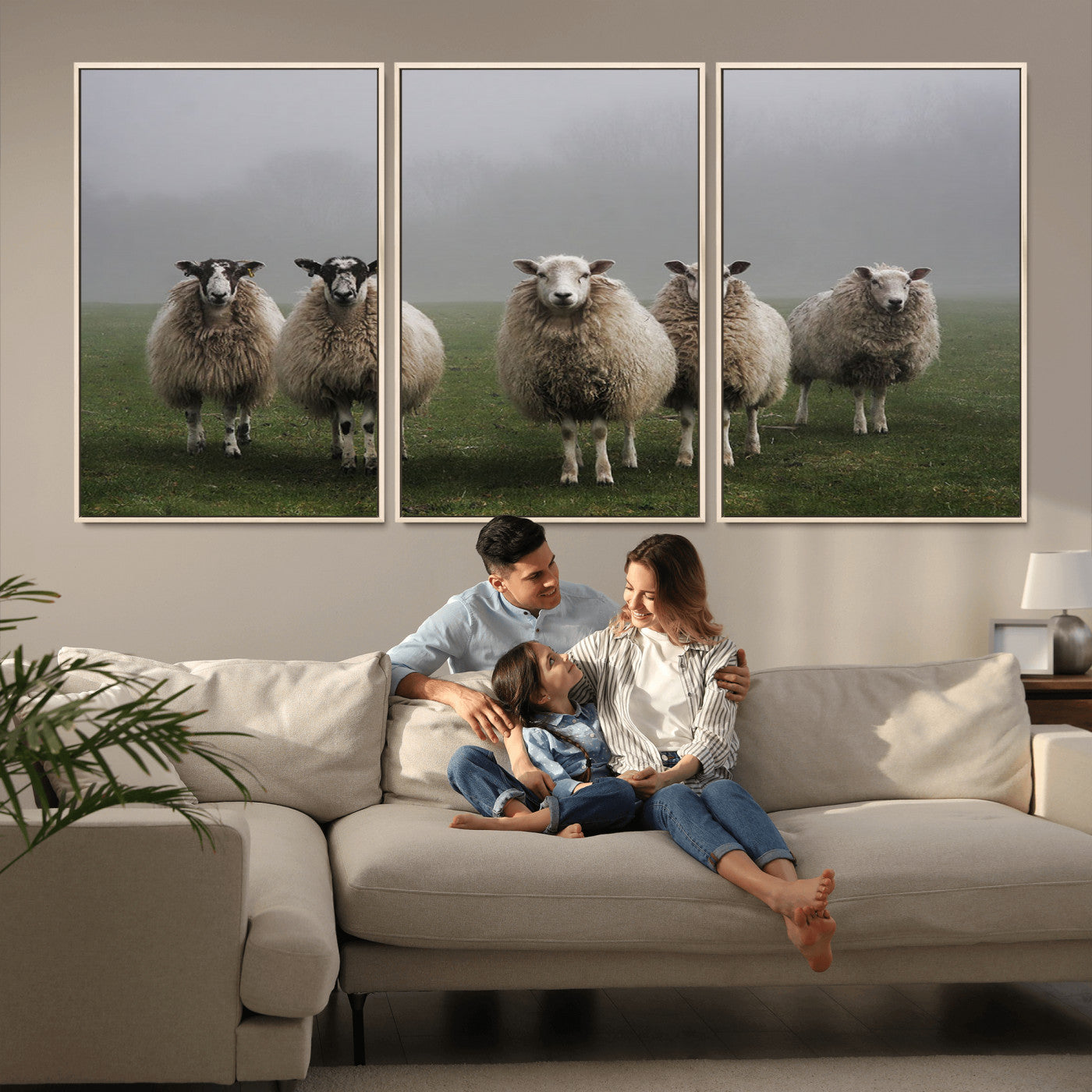 87339-MGV-FC-60X30-3P_Natural-Sheep Wall Art – Rustic Farmhouse Canvas Print Flock Standing Misty Field Countryside Photography, Country Animal Decor for Living