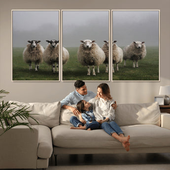 87339-MGV-FC-60X30-3P_Natural-Sheep Wall Art – Rustic Farmhouse Canvas Print Flock Standing Misty Field Countryside Photography, Country Animal Decor for Living