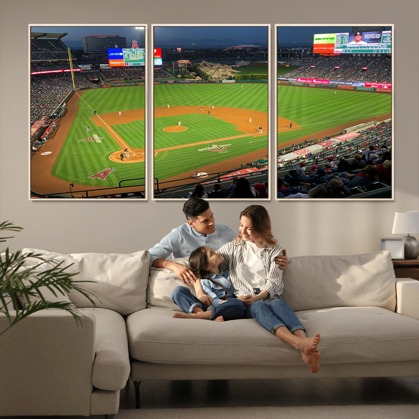 93707-MGV-FC-60X30-3P_Natural-Los Angeles Stadium Wall Art Canvas Print, Framed Angel Stadium Field Art Picture Print, Anaheim Stadium Perfect Sports Room Decor