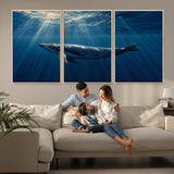 18052-MGV-FC-60X30-3P_Natural-Whale Wall Art – Majestic Ocean Canvas Print Marine Life Underwater Sunlight Scene, Nautical Coastal Decor for Living Room,