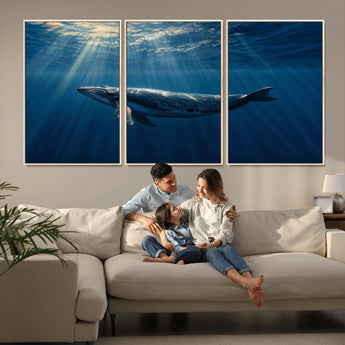 18052-MGV-FC-60X30-3P_Natural-Whale Wall Art – Majestic Ocean Canvas Print Marine Life Underwater Sunlight Scene, Nautical Coastal Decor for Living Room,