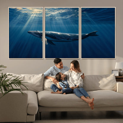 18052-MGV-FC-60X30-3P_Natural-Whale Wall Art – Majestic Ocean Canvas Print Marine Life Underwater Sunlight Scene, Nautical Coastal Decor for Living Room,
