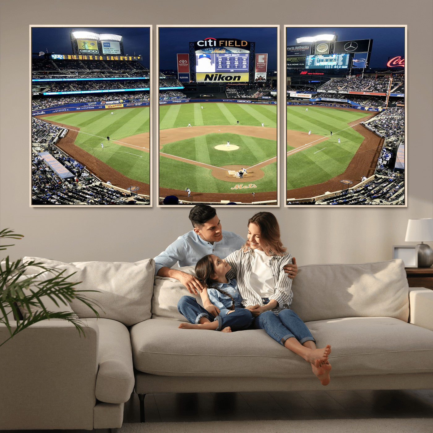 87666-MGV-FC-60X30-3P_Natural-City Field Stadium Wall Art Canvas Print, Framed New York Stadium Art Picture Print, Citi Field Stadium Perfect Sport Room Decor