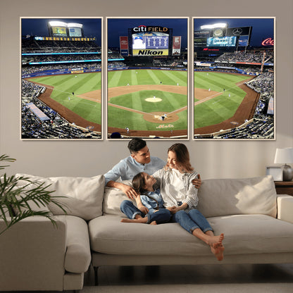 87666-MGV-FC-60X30-3P_Natural-City Field Stadium Wall Art Canvas Print, Framed New York Stadium Art Picture Print, Citi Field Stadium Perfect Sport Room Decor